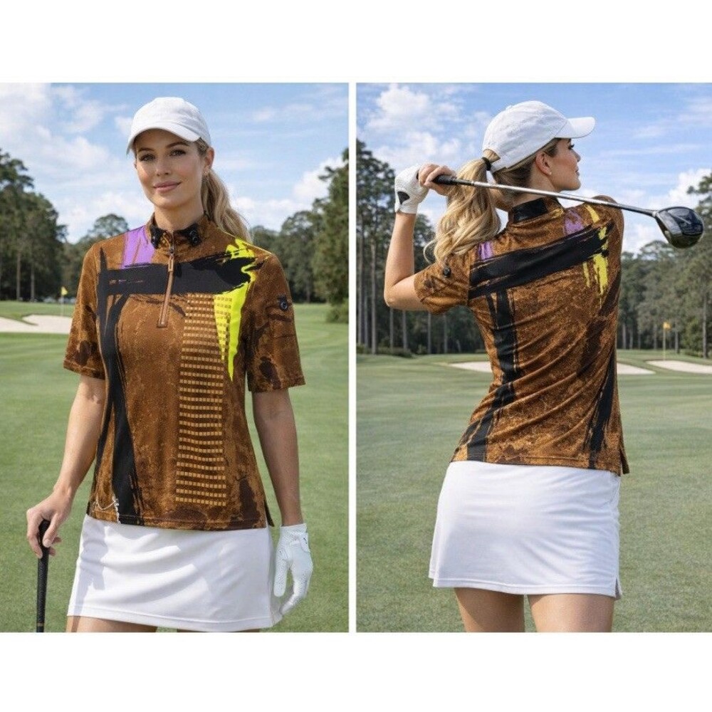 Jamie Sadock Women’s Golf Shirt Brown Retro Print 80’s 1/4 Zip XS